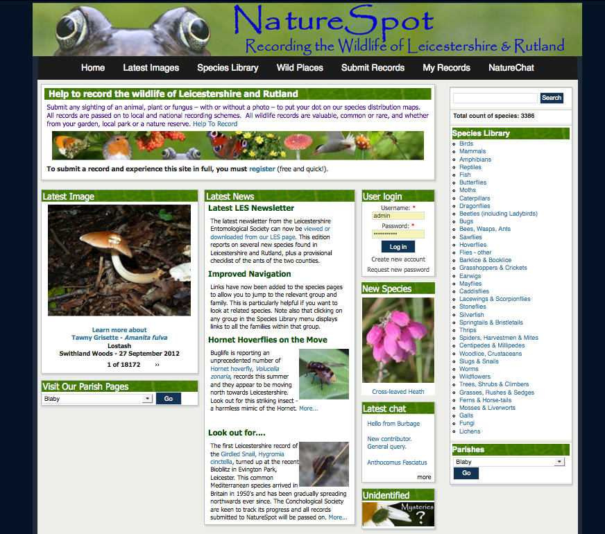 The NatureSpot home page