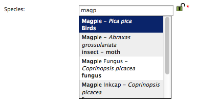 Selecting a species using the species_autocomplete control.