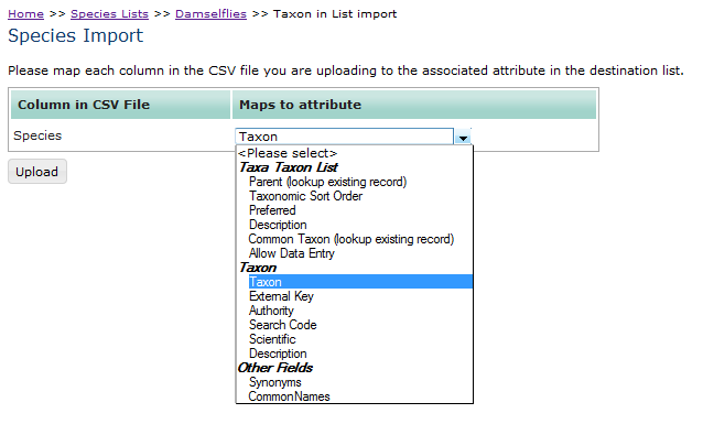 Selecting an import column mapping.